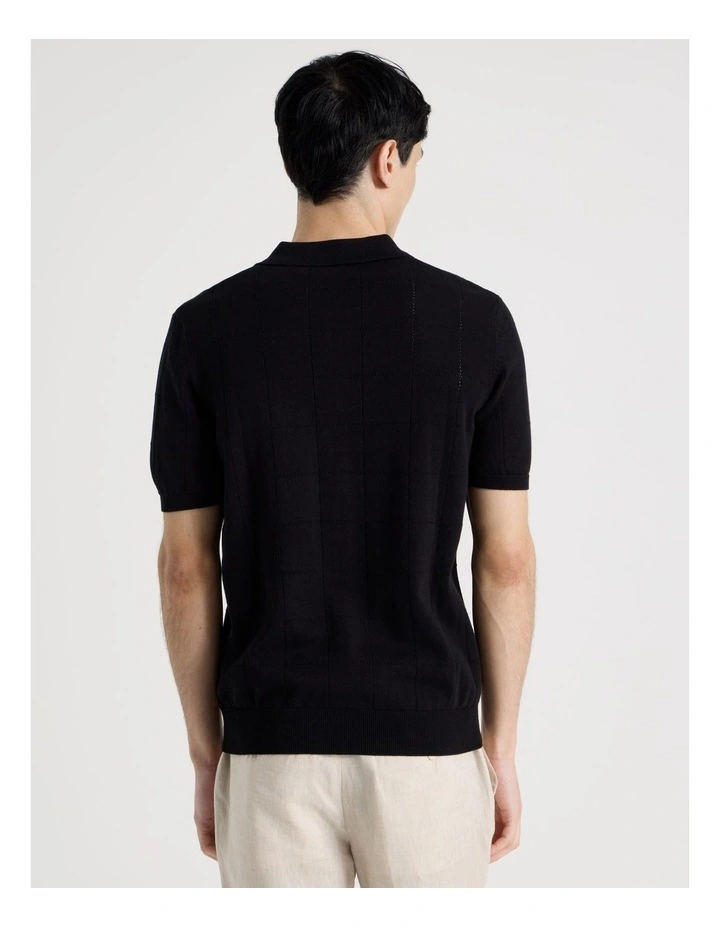 Windowpane Knit Short Sleeve Polo in Black image 6