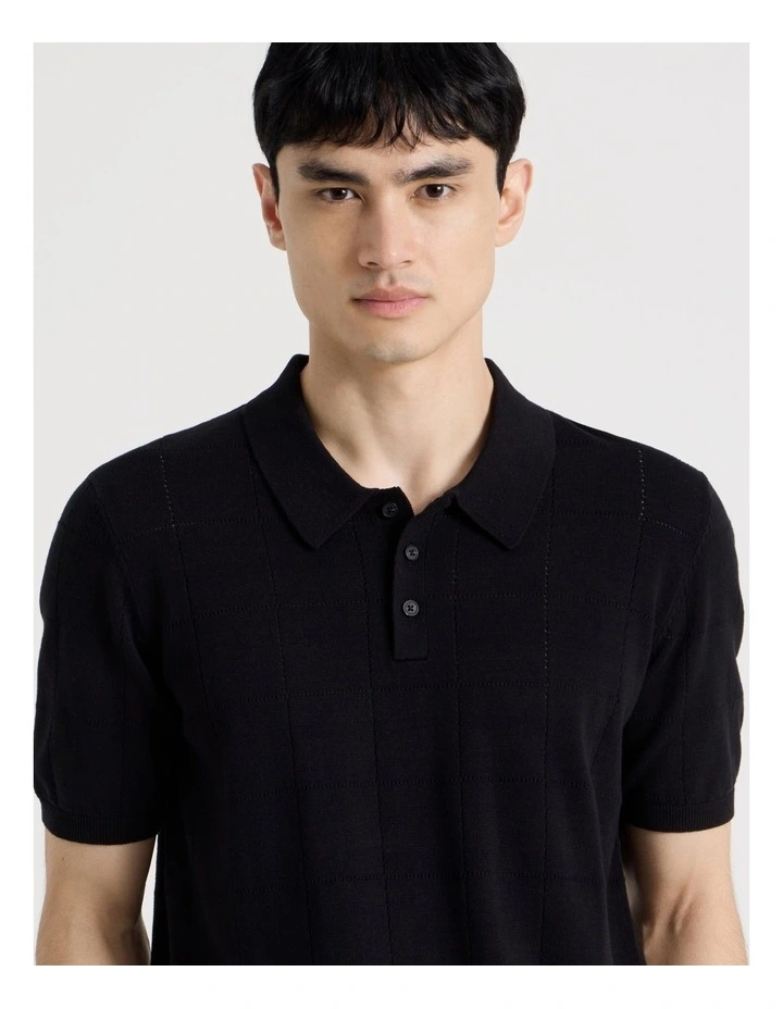 Windowpane Knit Short Sleeve Polo in Black image 7