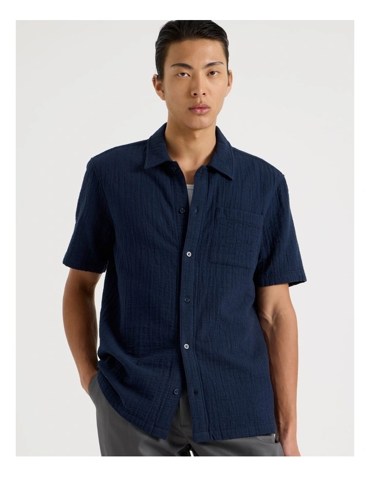 Cotton Short Sleeve Shirt in Navy image 4