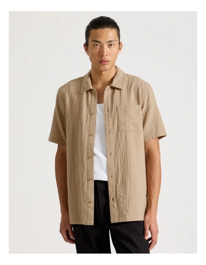 Cotton Short Sleeve Shirt in Beige image 1