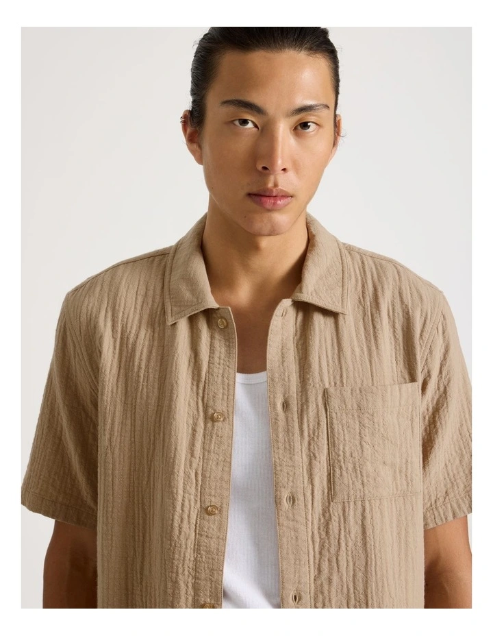 Cotton Short Sleeve Shirt in Beige image 3