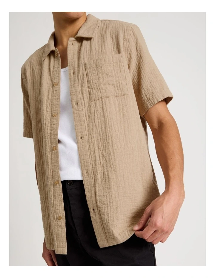 Cotton Short Sleeve Shirt in Beige image 4
