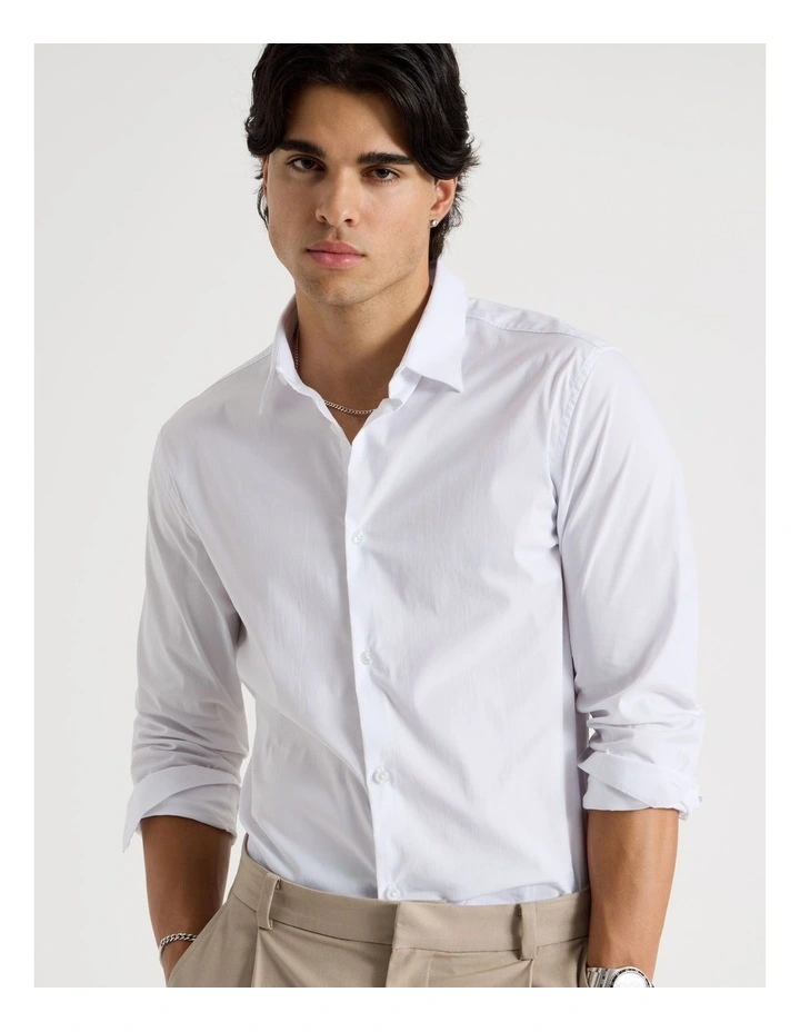 Slim Fit Stretch Long Sleeve Shirt in White image 2