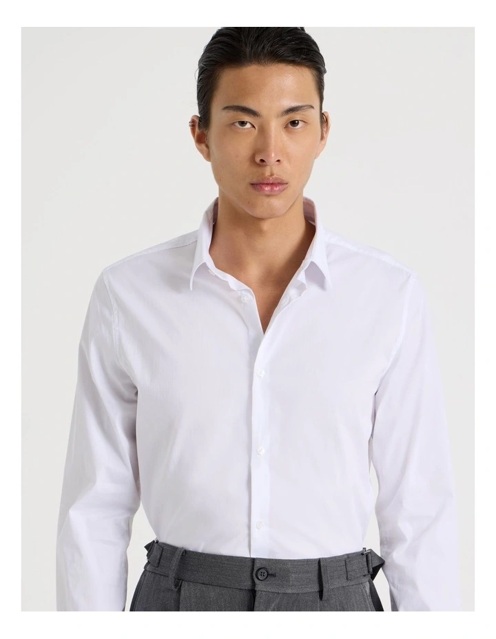 Slim Fit Stretch Long Sleeve Shirt in White image 3
