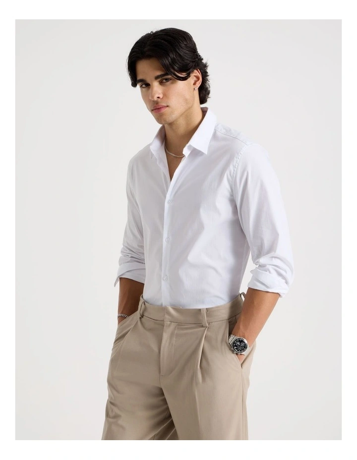 Slim Fit Stretch Long Sleeve Shirt in White image 4