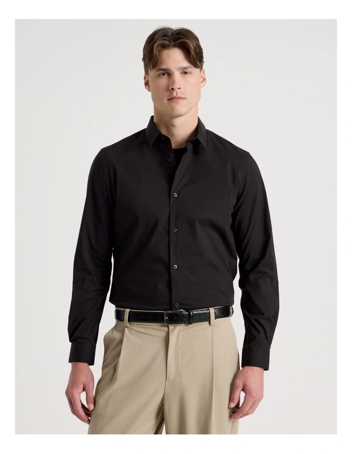 Slim Fit Stretch Long Sleeve Shirt in Black image 1