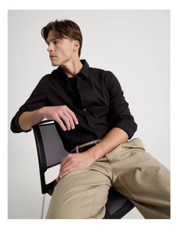 Slim Fit Stretch Long Sleeve Shirt in Black image 2