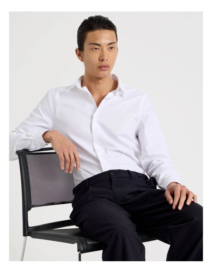 Slim Fit Cotton Dobby Long Sleeve Shirt in White image 1