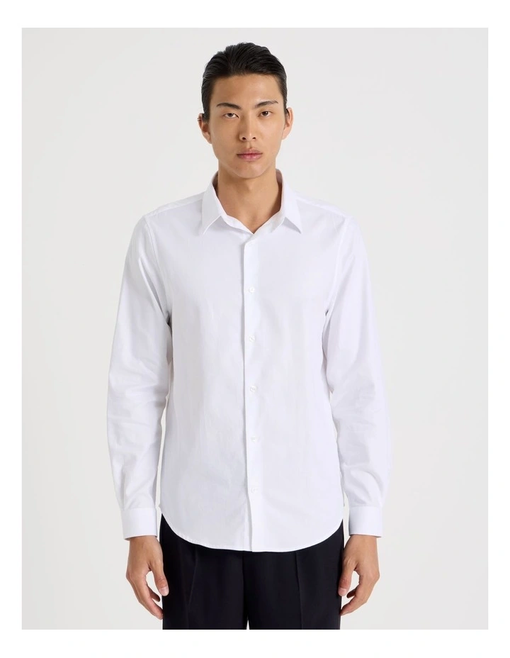 Slim Fit Cotton Dobby Long Sleeve Shirt in White image 2