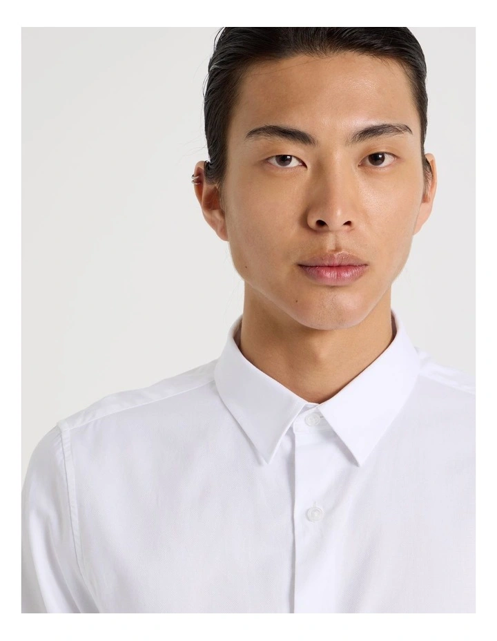 Slim Fit Cotton Dobby Long Sleeve Shirt in White image 3