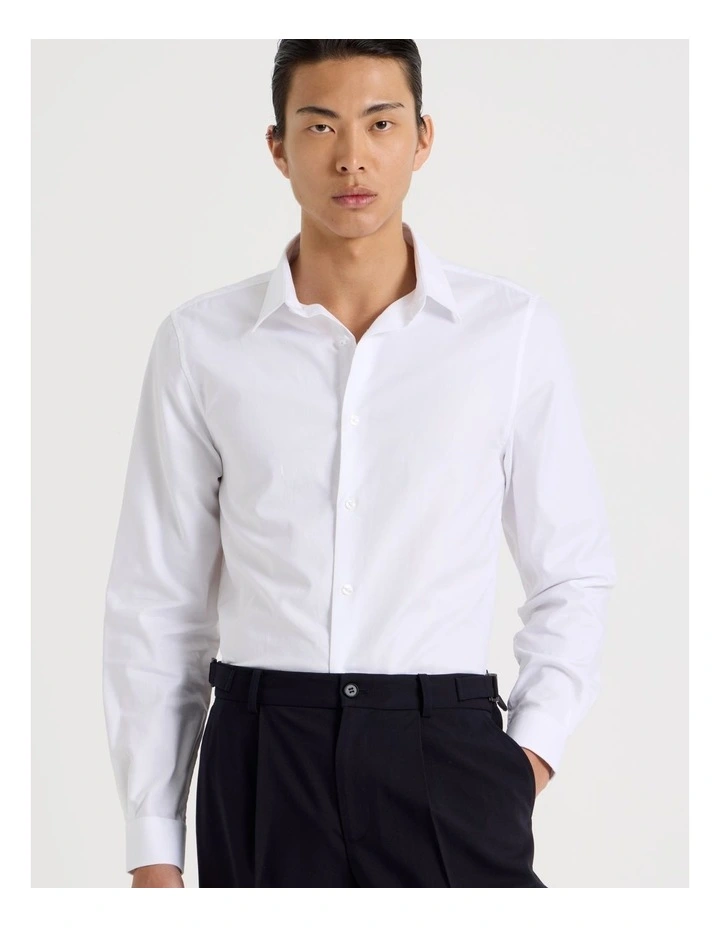 Slim Fit Cotton Dobby Long Sleeve Shirt in White image 4