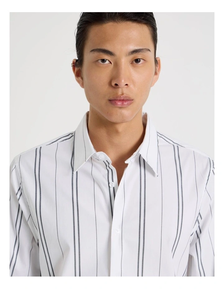 Relaxed Striped Long Sleeve Shirt in White image 1