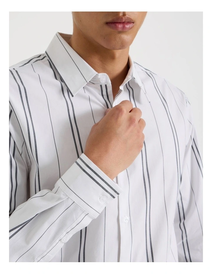 Relaxed Striped Long Sleeve Shirt in White image 4