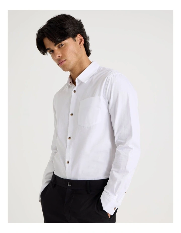 Relaxed Fit Long Sleeve Twill Shirt in White image 5
