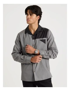 Relaxed Fit Long Sleeve Contrast Collar Shirt in Black