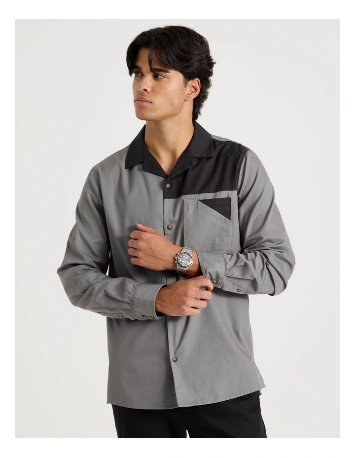 Relaxed Fit Long Sleeve Contrast Collar Shirt in Black image 1