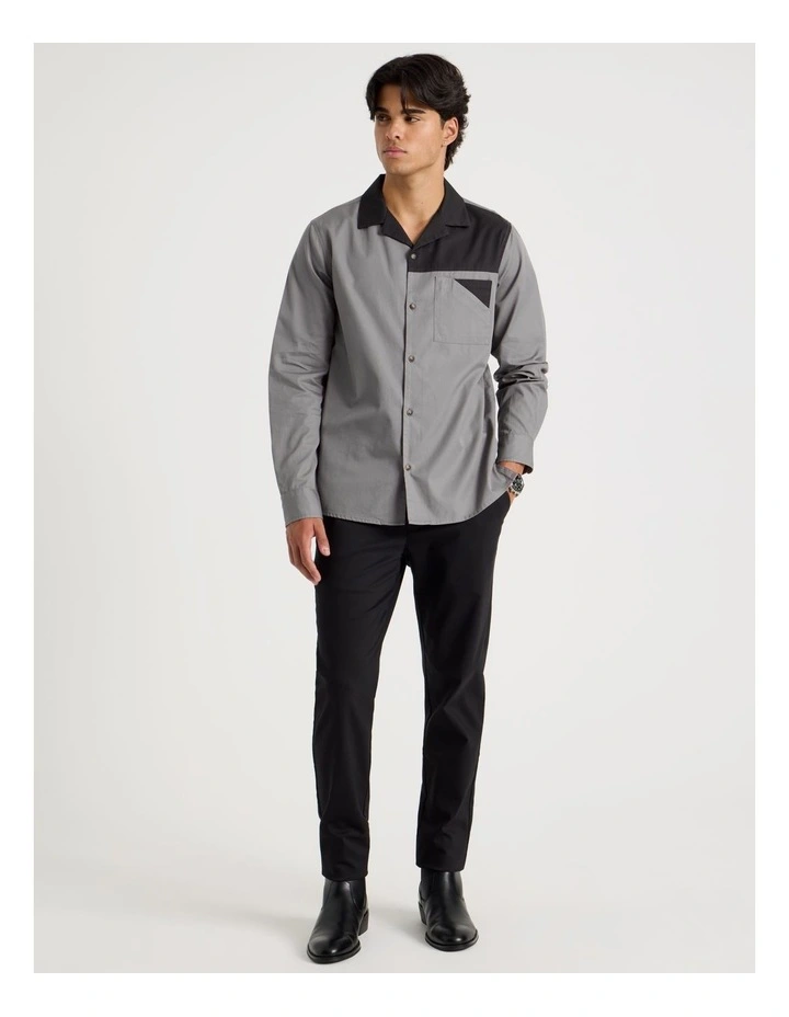 Relaxed Fit Long Sleeve Contrast Collar Shirt in Black image 2