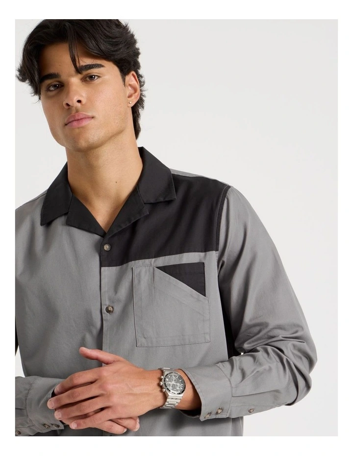 Relaxed Fit Long Sleeve Contrast Collar Shirt in Black image 3