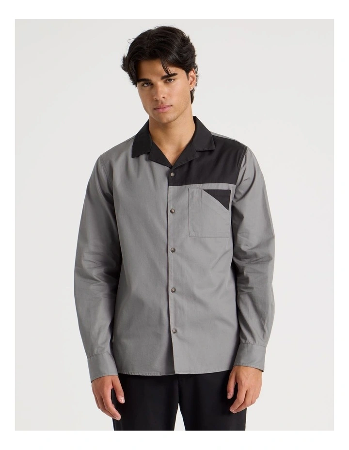 Relaxed Fit Long Sleeve Contrast Collar Shirt in Black image 4