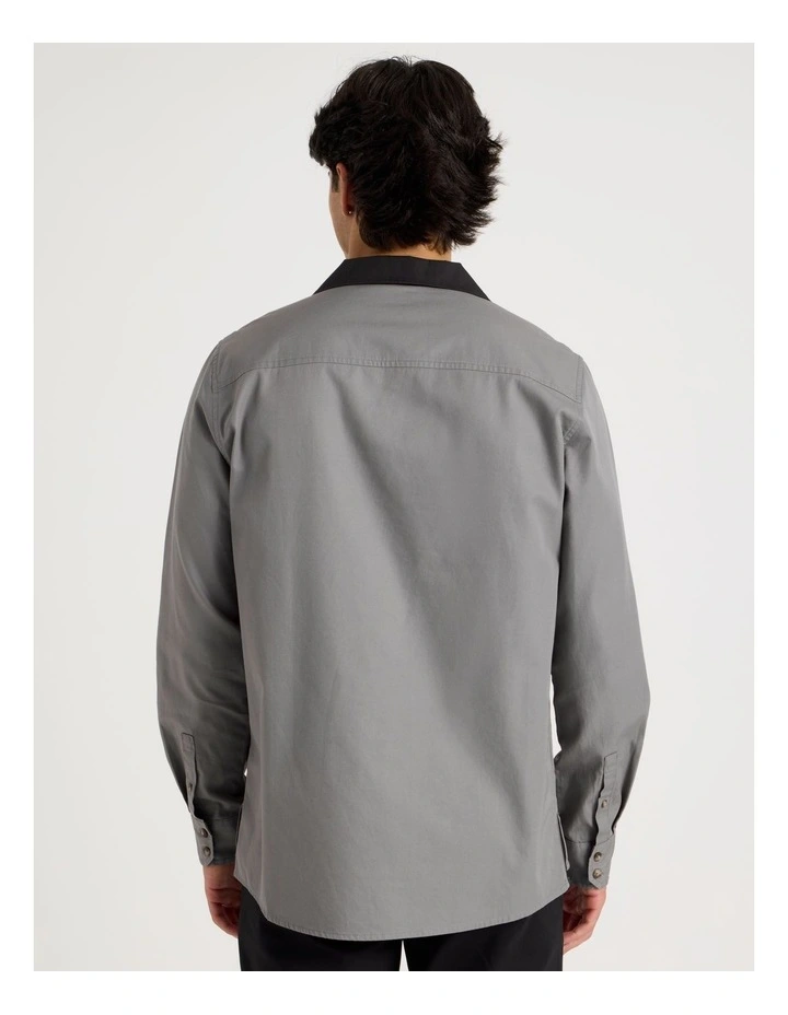 Relaxed Fit Long Sleeve Contrast Collar Shirt in Black image 6