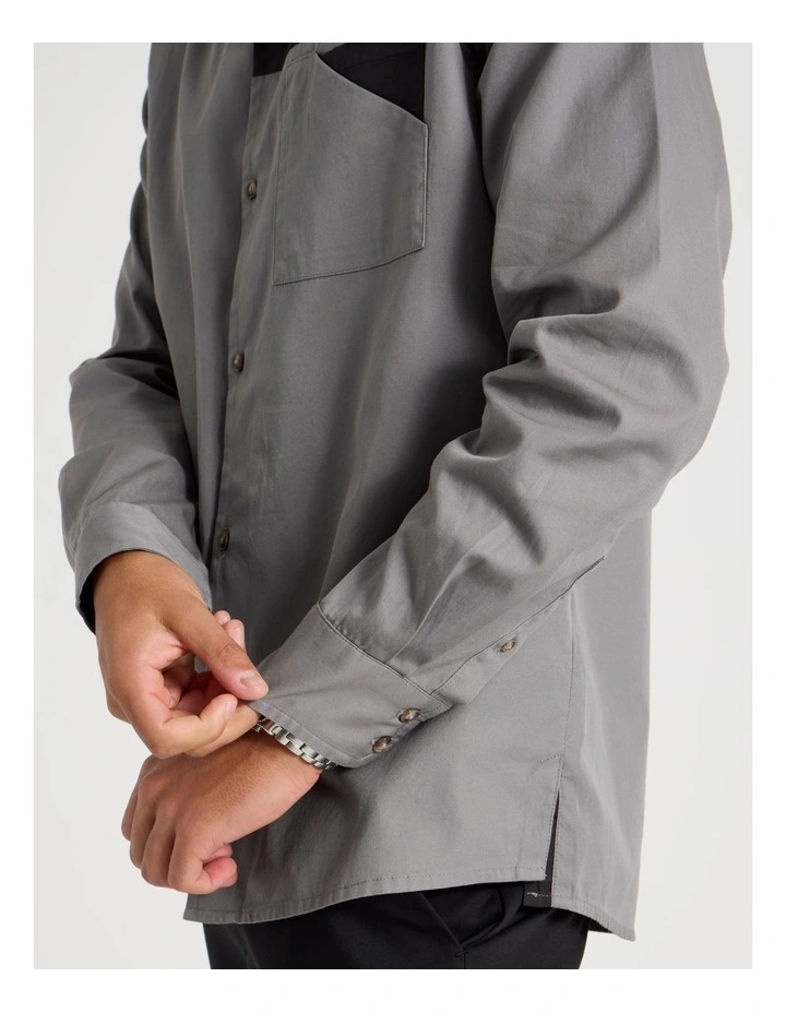 Relaxed Fit Long Sleeve Contrast Collar Shirt in Black image 7