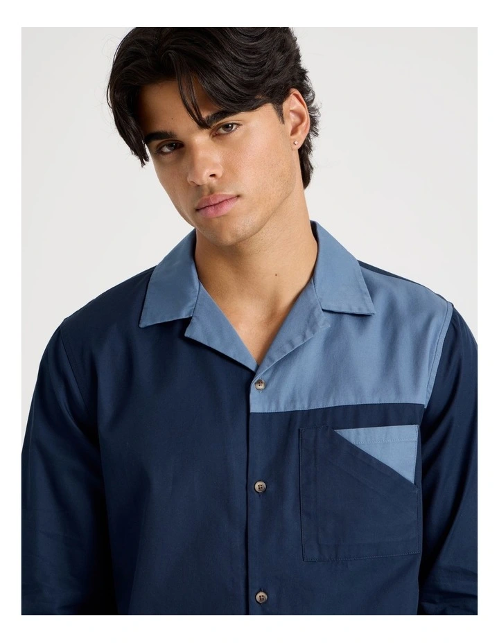 Relaxed Fit Long Sleeve Contrast Collar Shirt in Navy image 2