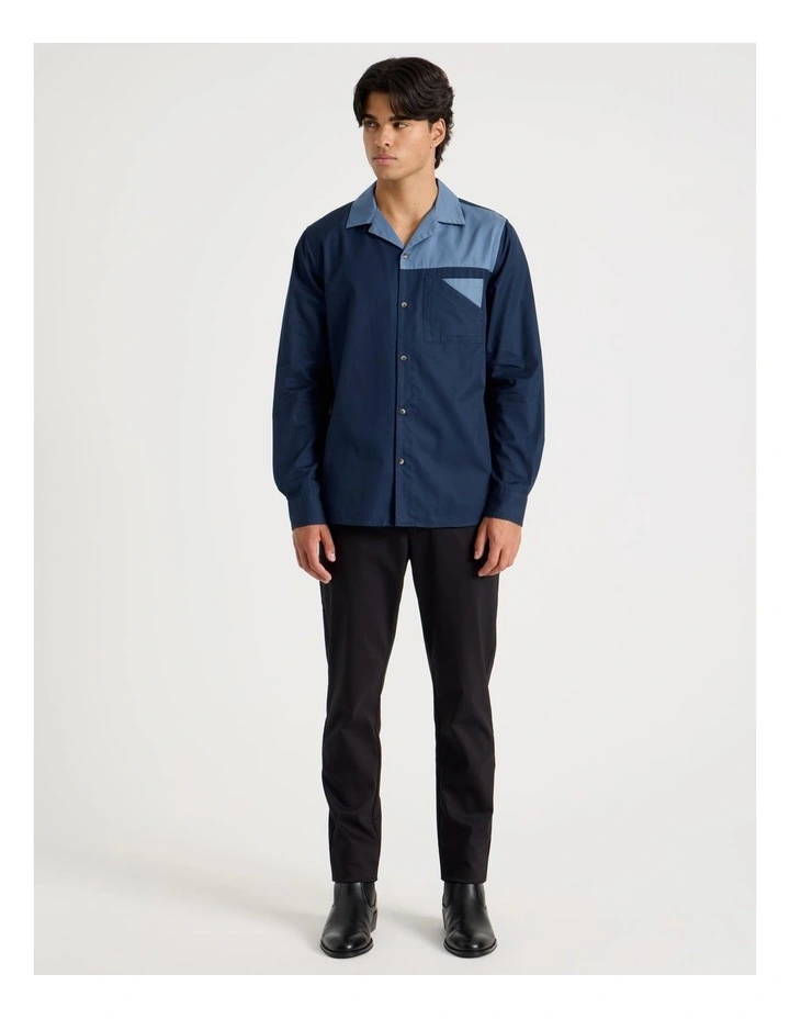 Relaxed Fit Long Sleeve Contrast Collar Shirt in Navy image 3