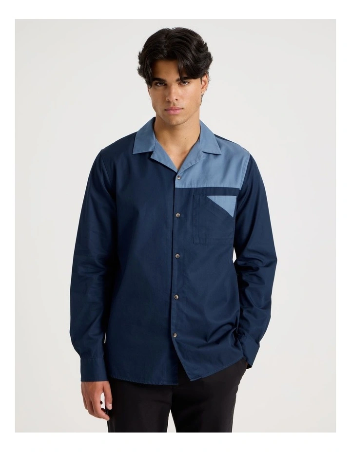 Relaxed Fit Long Sleeve Contrast Collar Shirt in Navy image 4