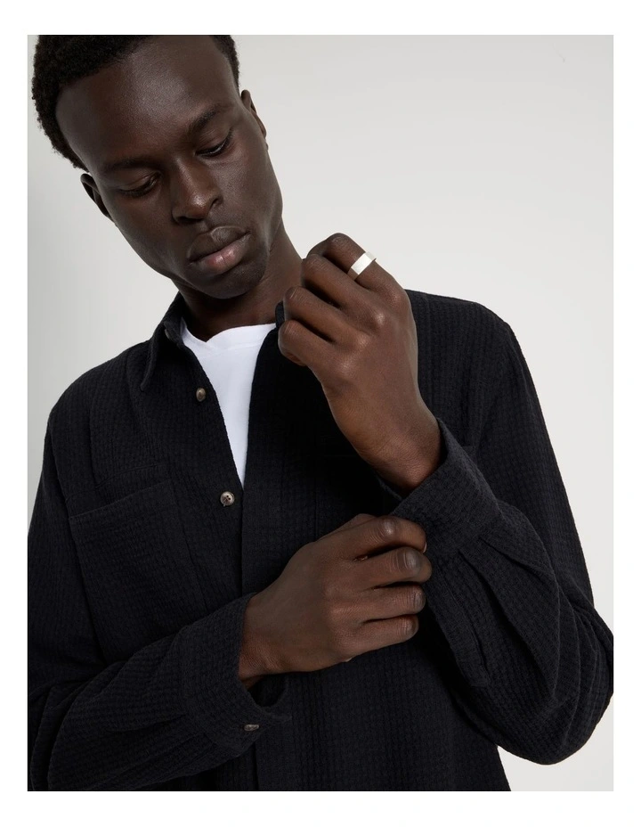 Relaxed Fit Pocket Detail Long Sleeve Shirt in Black image 3