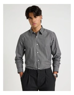 Relaxed Fit Long Sleeve Striped Shirt in Black
