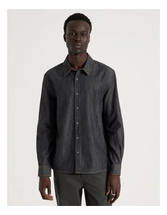 Relaxed Fit Long Sleeve Chambray Shirt in Black
