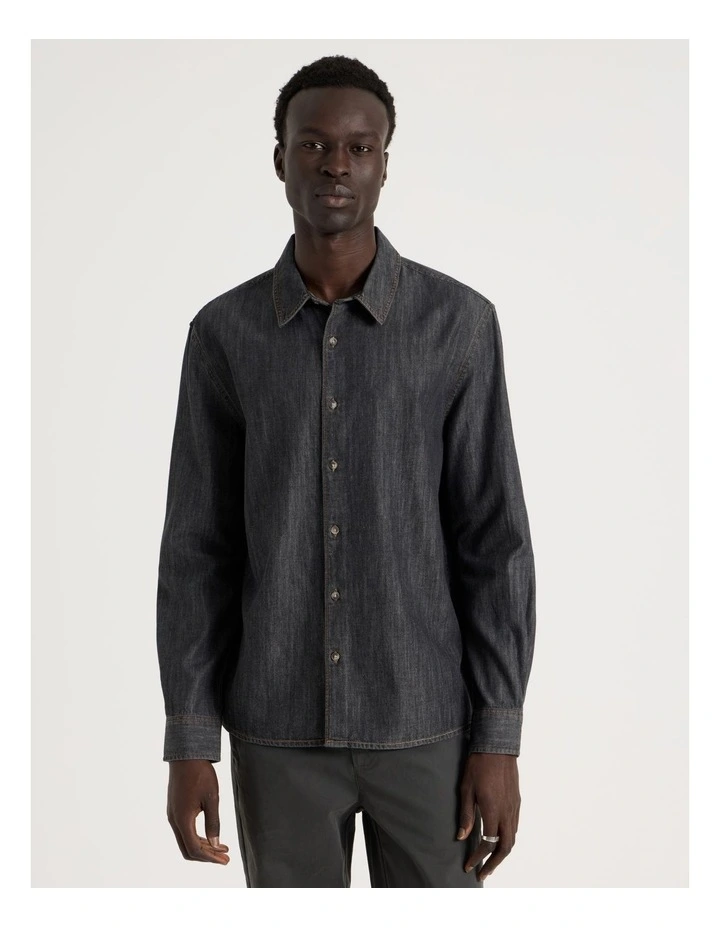 Relaxed Fit Long Sleeve Chambray Shirt in Black image 1
