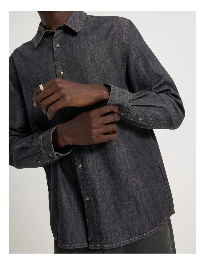 Relaxed Fit Long Sleeve Chambray Shirt in Black image 2