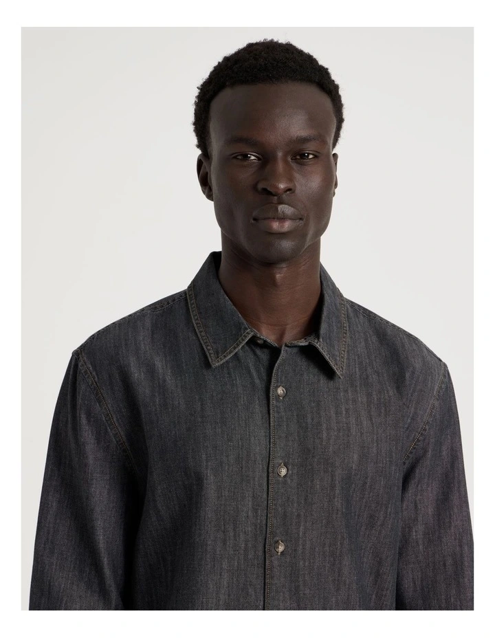 Relaxed Fit Long Sleeve Chambray Shirt in Black image 3