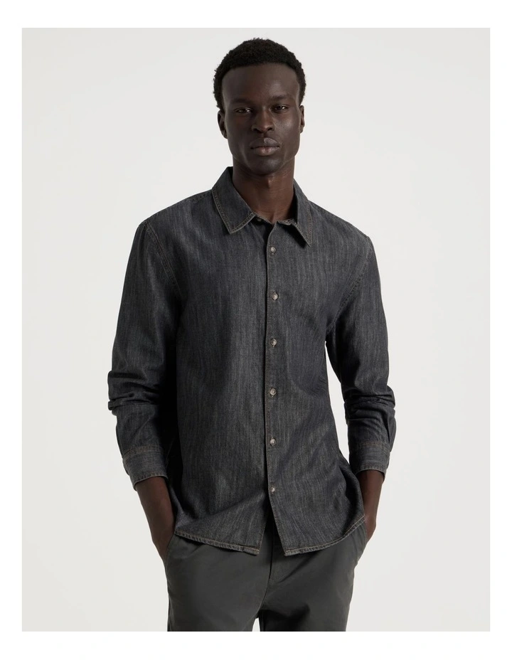 Relaxed Fit Long Sleeve Chambray Shirt in Black image 4