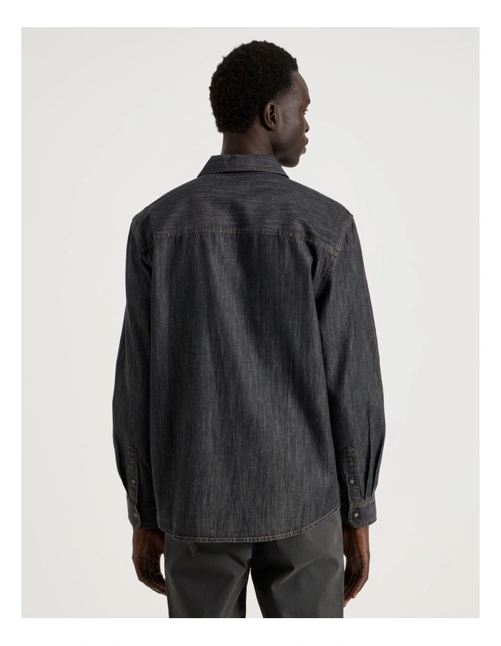 Relaxed Fit Long Sleeve Chambray Shirt in Black image 5