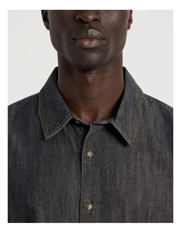 Relaxed Fit Long Sleeve Chambray Shirt in Black image 7