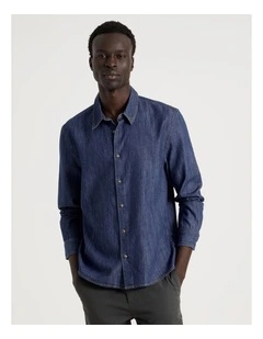 Relaxed Fit Long Sleeve Chambray Shirt in Blue