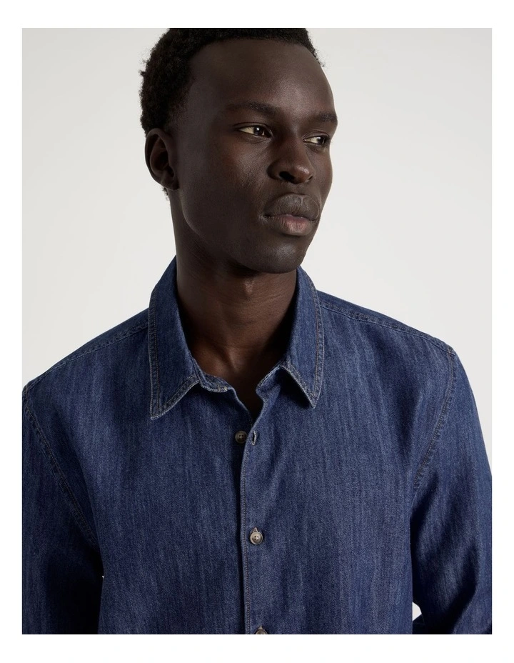 Relaxed Fit Long Sleeve Chambray Shirt in Blue image 2