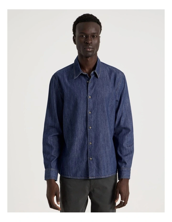 Relaxed Fit Long Sleeve Chambray Shirt in Blue image 3