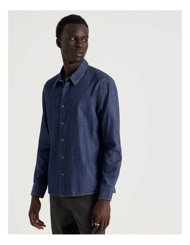 Relaxed Fit Long Sleeve Chambray Shirt in Blue image 4