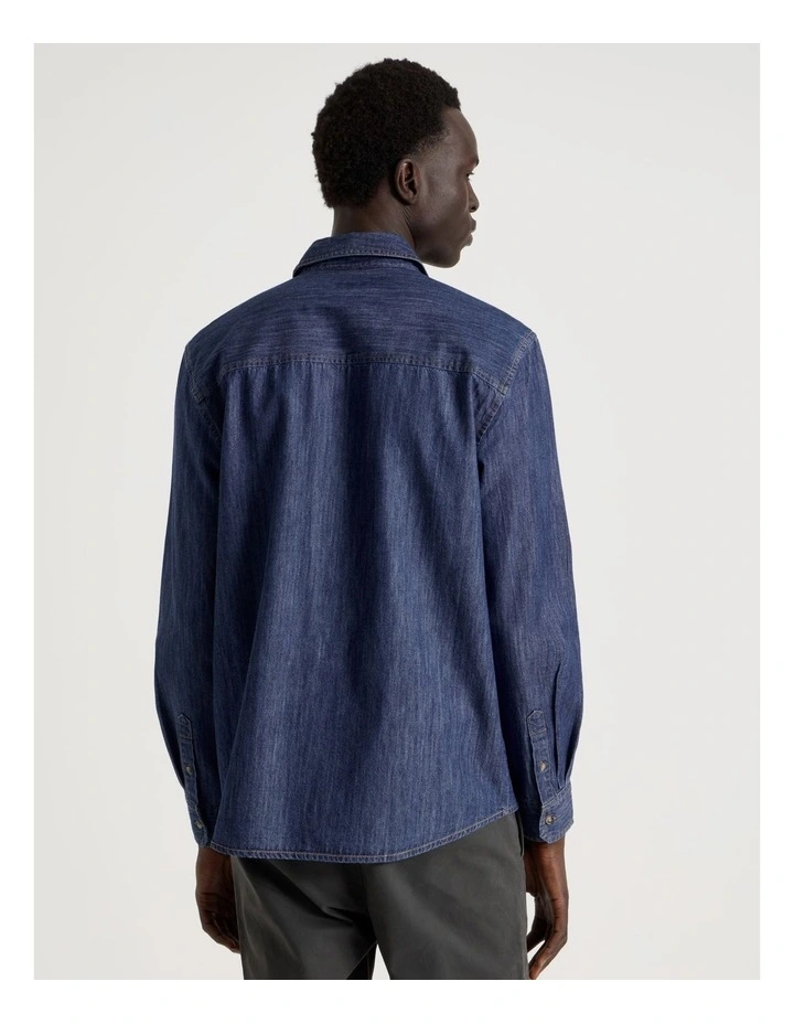 Relaxed Fit Long Sleeve Chambray Shirt in Blue image 5