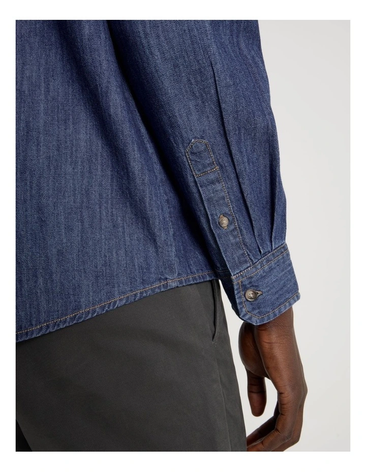 Relaxed Fit Long Sleeve Chambray Shirt in Blue image 6