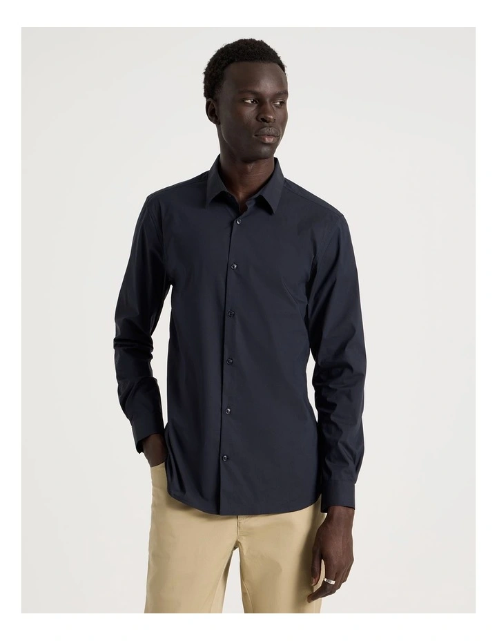 Slim Fit Stretch Long Sleeve Shirt in Navy image 3