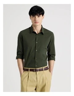 Slim Fit Stretch Long Sleeve Shirt in Khaki