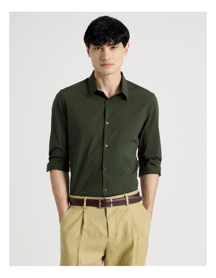 Slim Fit Stretch Long Sleeve Shirt in Khaki image 1