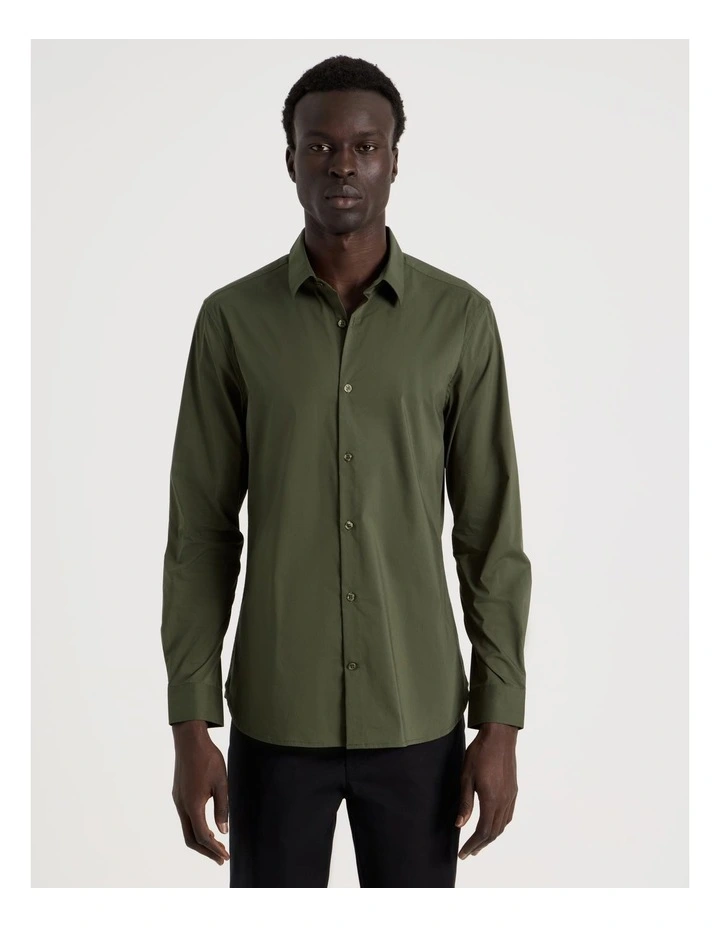Slim Fit Stretch Long Sleeve Shirt in Khaki image 1