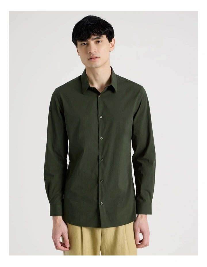 Slim Fit Stretch Long Sleeve Shirt in Khaki image 5