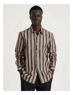 Relaxed Fit Long Sleeve Striped Shirt in Brown