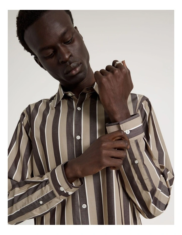 Relaxed Fit Long Sleeve Striped Shirt in Brown image 2
